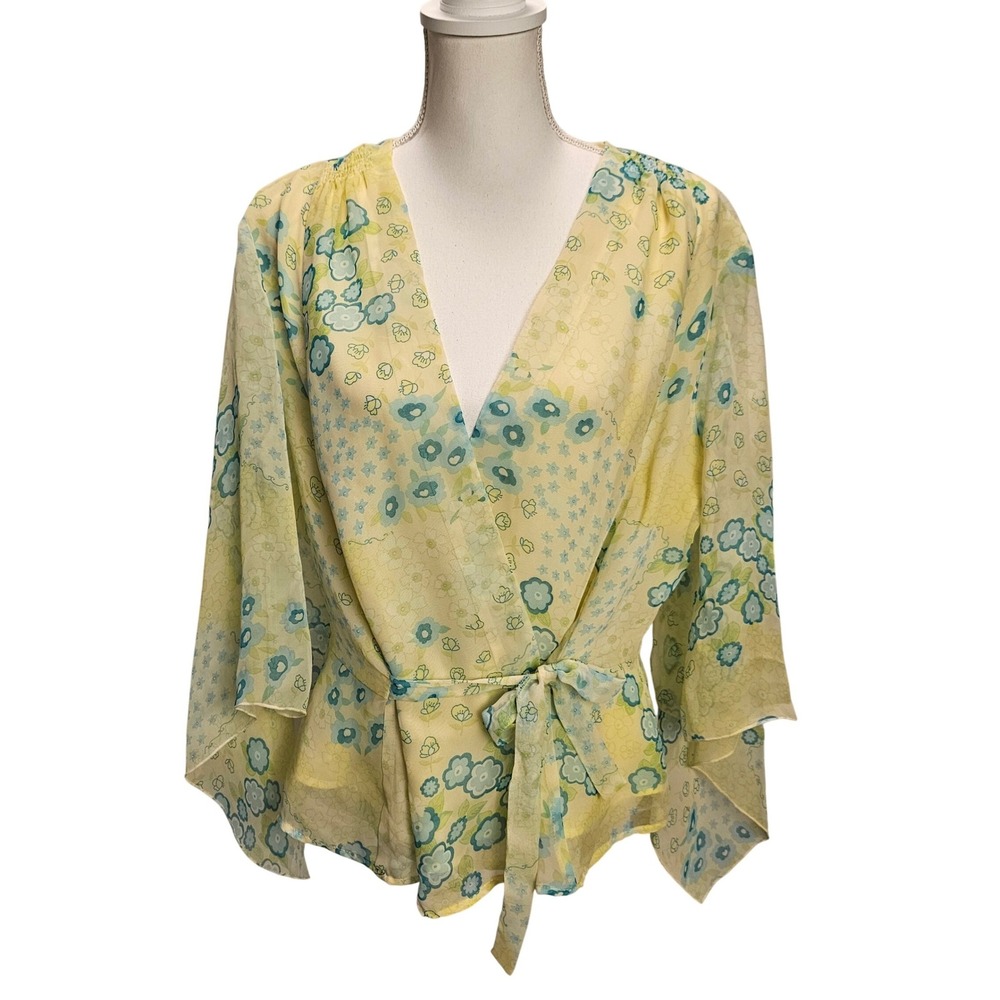 Jordan Size XL Floral Yellow Wrap Top Fairycore Cottagecore Ethereal Bell Sleeve - Picture 2 of 10